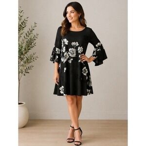 LRL Black Floral Dress Flowy A Line Bell Sleeve Romantic Boho Chic Travel Size 6